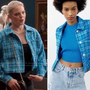 Zara turquoise blue tweed crop jacket as seen on Leighton Murray